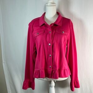 Baccini Pink Ruffle Hem Knit Jacket XL Silver Snap Button Front Long Sleeve